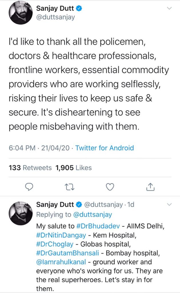 Actor Sanjay Dutt expresses his gratitude