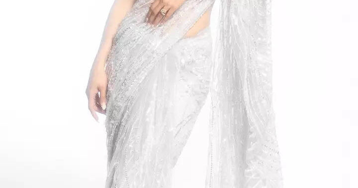 Mouni is a vision in a silver sequin saree