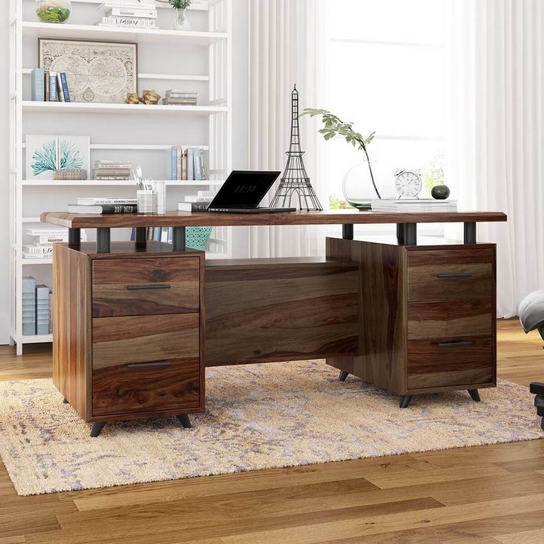 Allyer Solid Wood Office Desk In Walnut Finish Home Office (Kalyanam Funiture)