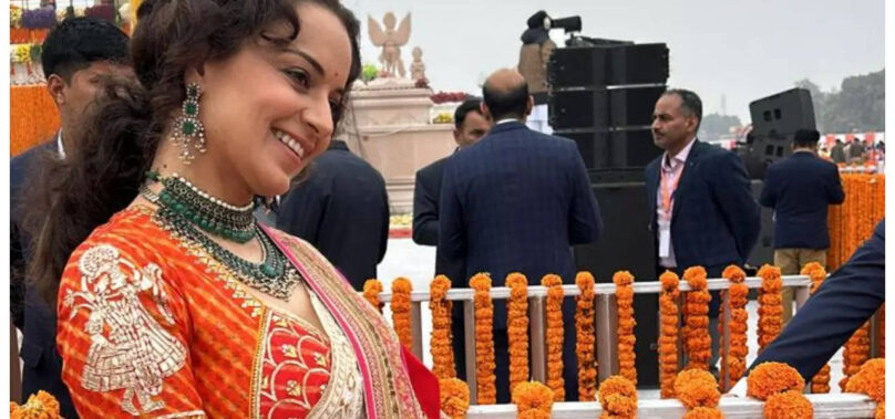 Kangana stuns in white-orange saree at Ram Mandir