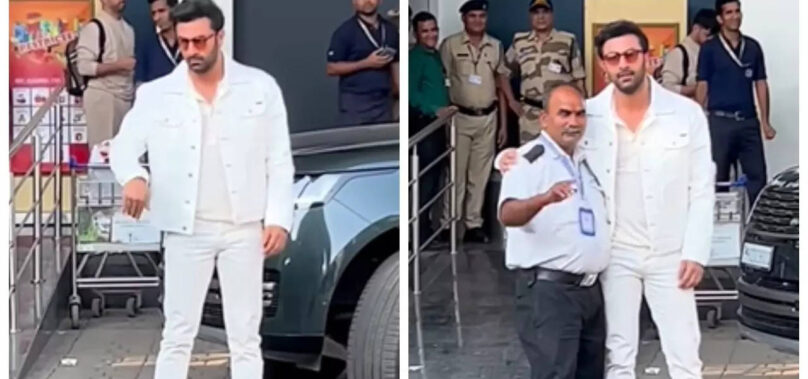 Ranbir poses with an airport security guard