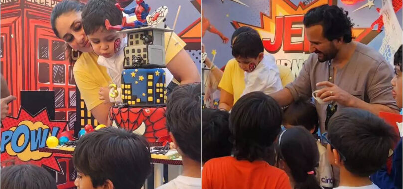 Bebo-Saif help Jeh in cutting his Spiderman cake