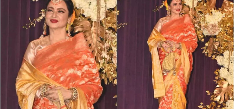 Rekha dazzles in orange saree at MM’s Diwali party